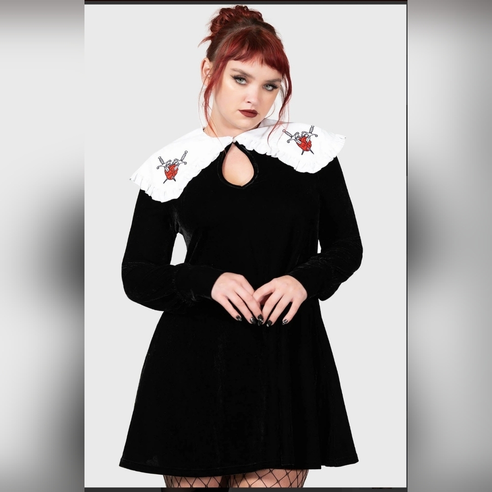 Killstar Black Velvet Dress with White Collar